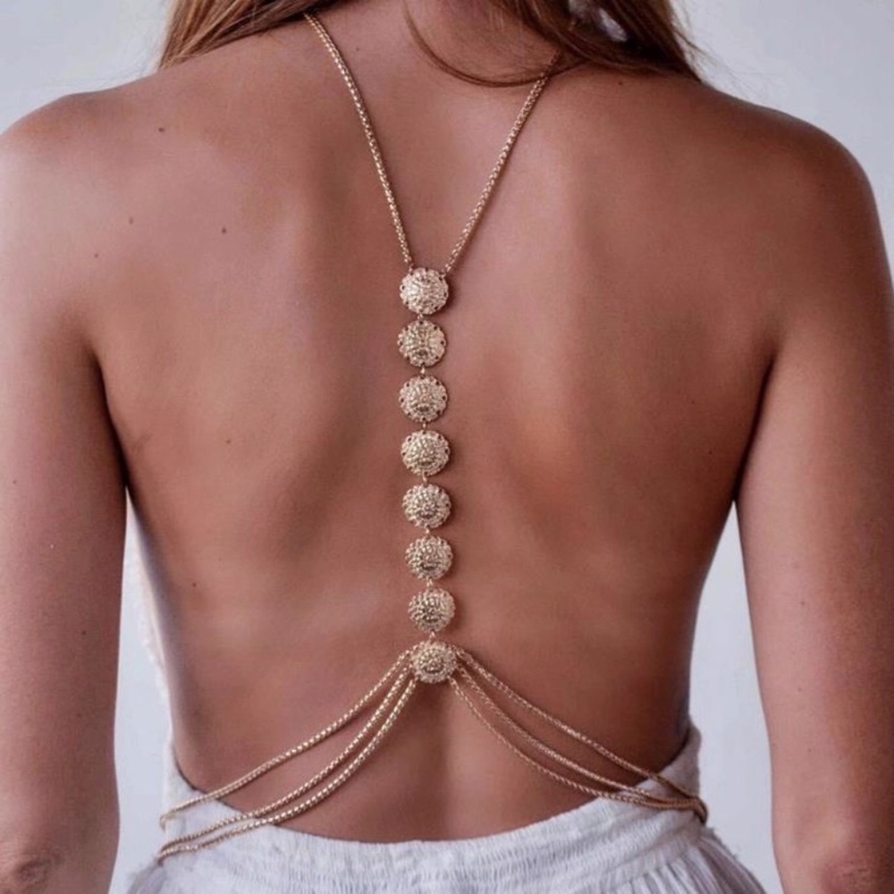 Gold Disc Body Chain Triple Layer Wrap Necklace